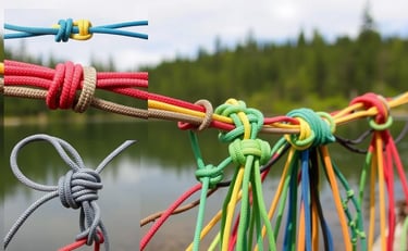 A close-up view of various knot-tying techniques for constructing a fishing net made from paracord,