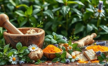  an assortment of fresh herbs known for their pain-relieving properties,