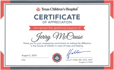 Texas Children's Hospital Certificate of Appreciation.