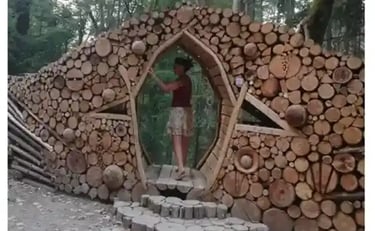 Femma debout faisant l'expérience dêtre dans 1 trou en losange au milieu d'1 tas de bois