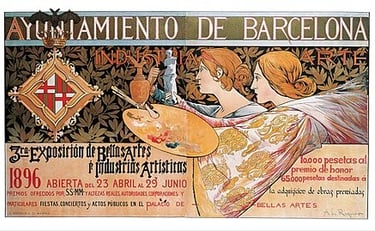 a poster advertising a painting of a woman in a white dress. Exposición de Bellas Artes (1896)