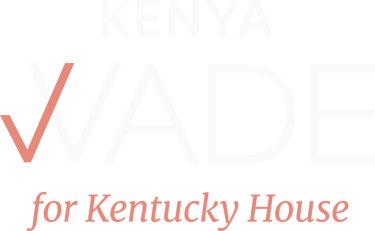 Kenya Wade for Kentucky House political campaign logo featuring white text and a peach check mark on a black background.