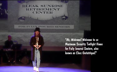 A stage performer in a top hat stands before a Bleak Sunrise Retirement Center sign with satirical text.