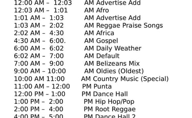 Keepsie Radio daily broadcast schedule featuring Belize Time CST genres like Reggae, Punta, and Gospel music.