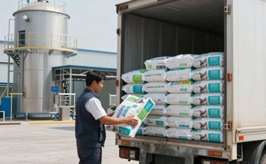 A clean, professional photograph showing high-quality white-label cat litter packaging and industrial bags of bentonite for ground wells, arranged neatly in a modern South American / Peruvian retail warehouse. The scene is well-lit with steel blue and crimson red accents on the packaging designs.