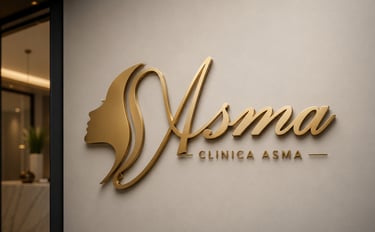 Luxury gold clinic signage design for Asma Clinica featuring elegant metallic lettering and premium wall-mounted branding.