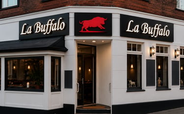 Premium illuminated restaurant signage design for La Buffalo featuring modern outdoor branding and luxury facade advertising.