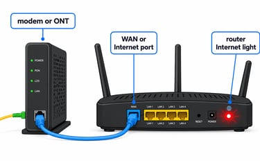 Router with red Internet light connected by Ethernet cable to a modem or ONT.