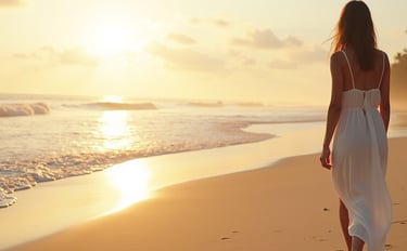 Una mujer con un vestido blanco de verano camina por una playa tropical al atardece