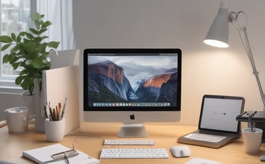 A collection of tech gadgets including a laptop, smartphone, smartwatch, and wireless earbuds placed on a white surface. A large green leaf partially covers the items, adding a touch of nature to the arrangement. A wooden board is partially visible underneath the leaf.