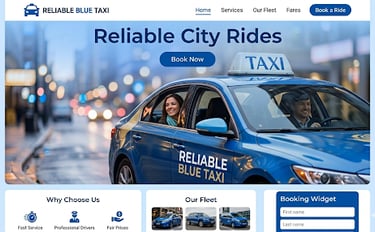Reliable blue taxi service website showing a passenger in a blue cab with a booking widget.