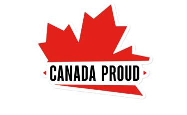 Image of a maple leaf that says Canada proud