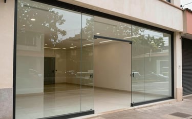 Wide interior shot of an empty commercial retail space in a Brazilian street-level storefront, large glass facade, clean floor, natural daylight