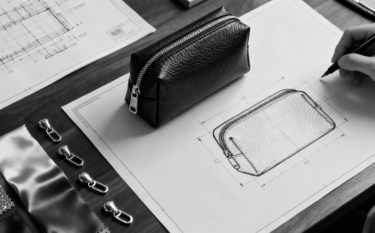 Designer's desk with a blueprint, materials, and the finished custom bag product.