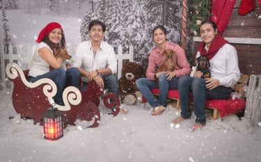 a family of four sitting on a sleigh