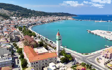 Aerial drone photo of iconic Saint Dionysios Zakynthos Holy Orthodox Church i Zakinthos, just 3.5 km away from Villa Olga