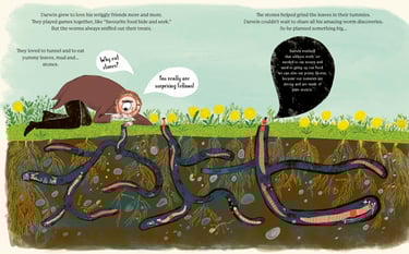 Charles Darwin looking at worms. They are underground in their burrows.