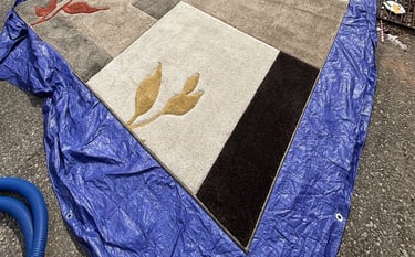 Coloured synthetic rug on tarp. Professional in-home cleaning keeps your floors safe.