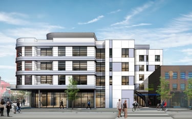 a rendering of a blue and white art-deco apartment building