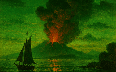 Erupção do Krakatoa com céu verde e barcos no mar.