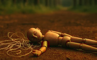 a wooden doll laying on the ground in a forest