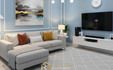 Ruang keluarga bergaya modern dengan dinding biru muda