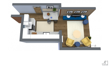 3D floor plan showing redesigned kitchen and living room