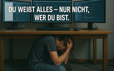 a man sitting at a desk with two monitors and a computer