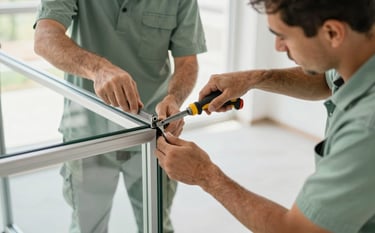 Action shot of professional installers wearing muted sage green uniforms carefully fitting a large glass frame. The scene is bright and highlights meticulous precision, focusing on the tools and technical adjustment.