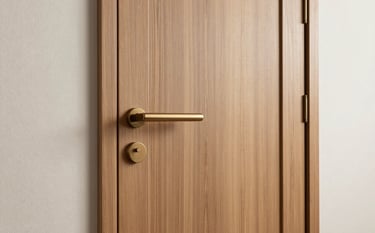 A premium entrance door made of natural warm wood with vertical grain patterns. It features a long, minimalist bronze handle and is set against a soft off-white textured wall. The composition is clean and focuses on the craftsmanship and materials.