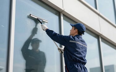 A professional window cleaner in a navy blue uniform using a squeegee on a large modern glass window. Sunlight reflects off the clean surface. The mood is professional and premium, incorporating a light blue and white color palette.