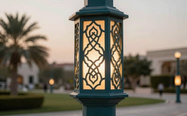 Close-up of a decorative and aesthetic lighting pole with intricate modern design in a Middle Eastern / Gulf luxury park at golden hour. The pole features a dark greenish blue finish, with warm ambient light glowing. Professional architectural photography showcasing craftsmanship.