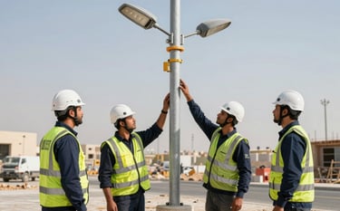 A Middle Eastern / Gulf technical team in professional safety uniforms and helmets supervising the delivery and installation of street lighting poles at a large construction site in Riyadh. Sharp, detailed photography in bright daylight, showcasing reliability and professional execution.