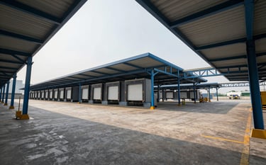 A wide-angle, low-angle shot of a massive, organized logistics terminal. The steel blue metal structures of the loading docks frame the shot, while the stone-colored floor is pristine. Soft, diffused natural light highlights the sophistication of the operation.