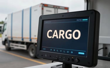 A close-up of a high-tech cargo monitor inside a transport vehicle, showing a digital interface with soft off-white text. In the background, out-of-focus freight is secured with steel blue straps. The atmosphere is professional and technologically advanced.