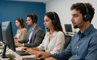 A group of focused Brazilian professionals in a sophisticated and modern call center workspace. The setting features clean lines, medium blue accents on the walls, and high-quality photography showing a productive South American corporate environment.