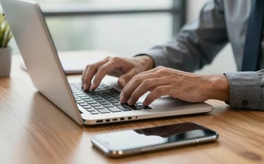 Close-up of professional hands typing on a laptop next to a high-end smartphone on a polished wooden desk in a bright South American office. The scene suggests technical support and data analysis with a professional and clean aesthetic.