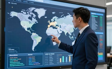 A sophisticated corporate setting featuring a high-end digital screen showing a world map and data points. A professional in a deep navy blue suit is analyzing the data. Atmosphere is serious and authoritative.