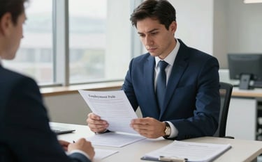 A sharp, high-contrast photograph of a professional corporate investigator in a deep navy blue suit reviewing employment records in a bright, minimal office with off-white furniture and soft steel blue daylight filtering through large windows.