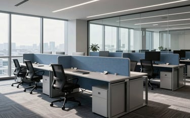 Professional North American office interior with clean glass partitions and modern workstations, soft natural morning light reflecting off slate blue and grey-blue surfaces, high-end corporate photography style.