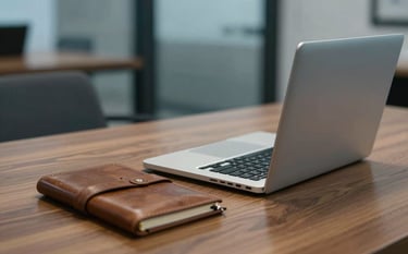 A focused shot of a modern laptop and leather notebook on a polished wood desk in a North American corporate setting, soft blue and grey tones in the background, sharp professional lighting.