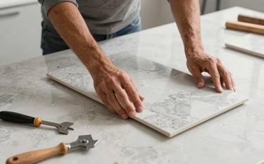 Photography of a skilled craftsman's hands carefully laying large mineral grey porcelain tiles in a modern French bathroom. The setting is clean and professional, with specialized tools visible. The color palette emphasizes off-white and grey tones with warm wood accents.