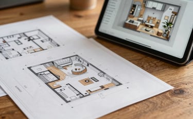 A close-up photograph of architectural blueprints and a digital tablet showing a 3D room model on a solid oak table. The lighting is warm and natural, suggesting a bright French office environment. Textures of high-quality paper and wood are visible, featuring a palette of deep brown and natural beige.