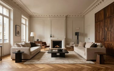 A wide photography shot of a luxuriously renovated Parisian living room. The space features herringbone wood flooring, high ceilings with restored white moldings, and contemporary minimalist furniture. The atmosphere is sophisticated and warm, using natural beige and deep brown tones.