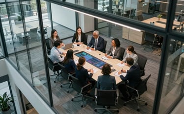 An aerial view of a modern glass conference room in a North American corporate office. A team of diverse professionals interacts with a digital display. The composition is clean and architectural, emphasizing efficiency and high-level leadership.
