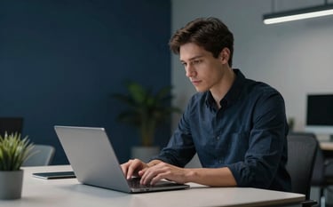 A professional in a sleek, tech-forward co-working space in North America, working on a minimalist laptop. The lighting is crisp and cool, emphasizing a dynamic, innovation-focused environment with deep navy and slate gray decor.