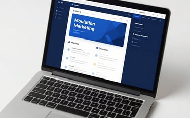 A top-down view of a sleek, dark aluminum laptop on a white surface, displaying a vibrant digital marketing dashboard. The image uses #4B6584 and #1A2C3D in the UI design on screen. The mood is strategic and high-tech.