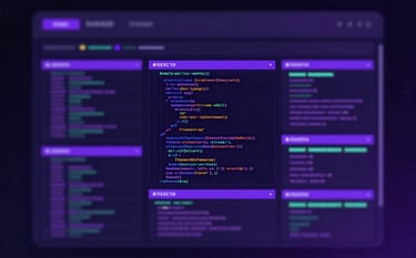 A high-tech digital interface showing complex lines of code and data analytics dashboards. The scene is illuminated by soft glowing neon accents in #725DF0 purple against a deep #0E0C1F dark background. The style is clean, modern, and tech-focused, reflecting professional innovation.