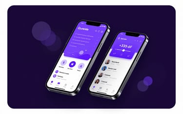 Two modern smartphones floating in a dark digital void (#0E0C1F), displaying innovative app interfaces with purple UI elements. Abstract geometric shapes in #3C306D and #725DF0 create a sense of depth. Clean, professional, and reliable style.