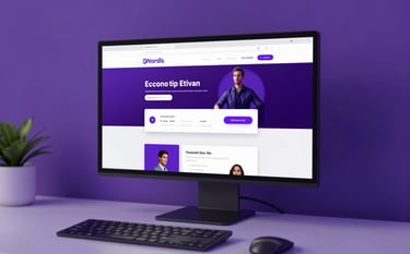 A modern workspace with a high-end monitor displaying a sleek e-commerce website layout with purple accents. The lighting is cinematic with deep purple shadows (#3C306D) and sharp highlights in #F0F0FF. Professional and authority-building atmosphere.
